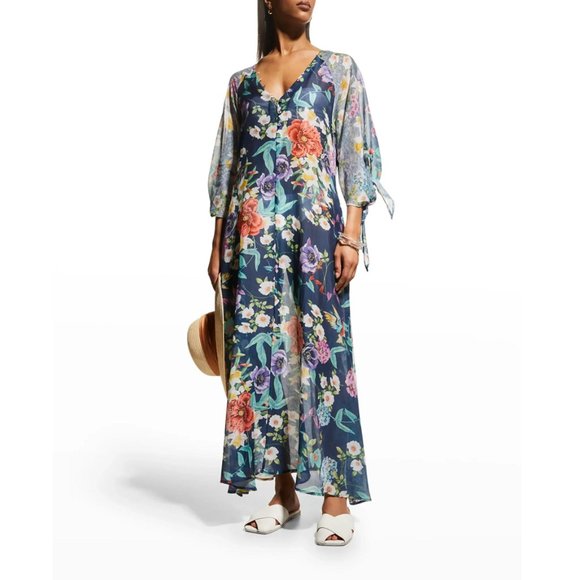 Johnny Was Sunrise Surf Swim Resort Cover Up Long Dress V Neck Flower Blue NEW - Picture 1 of 10